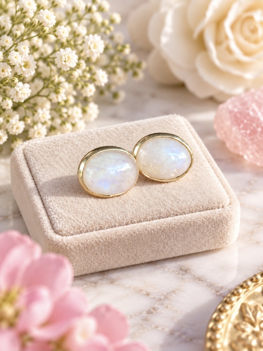 Sterli G Silver 925 Oval Moonstone Stud Earrings - White Moonstone